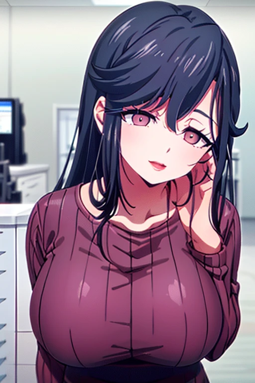 Saori ,long hair,Saori,black hair,(Pink Eyes),A delicate smile,hair between eyes,lipstick,lips,(Sparkling red ribbed sweater:1.1),Sparkling black skirt,( Big Breasts :1.55),(Sparkling,hair),((Alone)),((masterpiece)),((  best quality)),perfect anatomy,  Slim Waist  , Perfect photo,  8K HD Streaming ,(  beautiful detailed eyes:1.5),  detailed face in pale blue underwear putting hands on the viewer's forehead ,(  upper body:1.25),(  front desk at the small clinic :1.5),  super detailed,  absurd,ultra-highres, Room,indoor,Patting the head