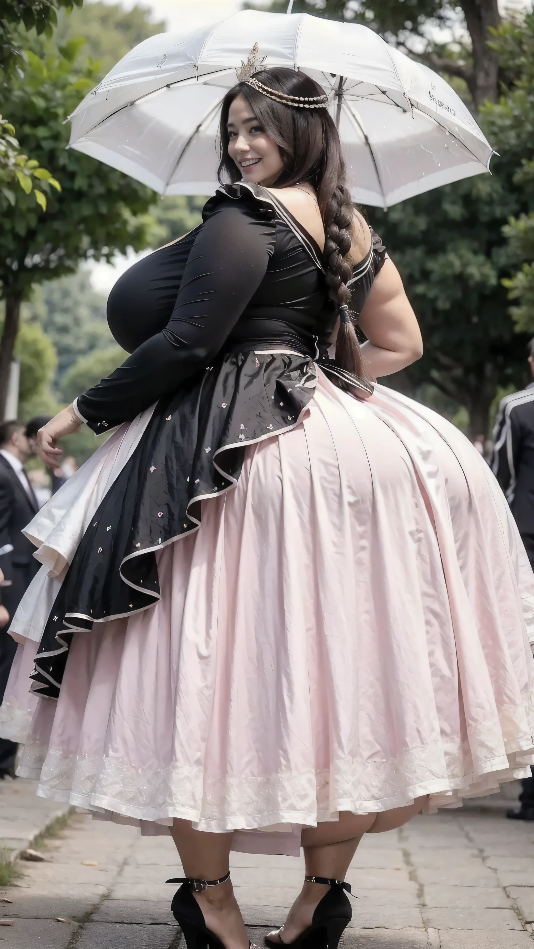 POV from behind, half zipped back shoulder,Middle-aged French tall and thick woman with black umbrella，seen from behind very tall and big woman,French faces, smiling and jumping,, beautiful diamond crown, realistic crown,Delicatemakeup，curvesious body tall and thick woman,Sexy and feminine，grin，Wrinkles at the corners of the eyes，with long braided hair，pink frock，loose skin，Large sagging breasts，Towering breasts，Thin waist with wide hips，White pearl Necklace,White heels，Tall and tall，Stand up，Open posture, beautiful black umbrella, POV from behind 