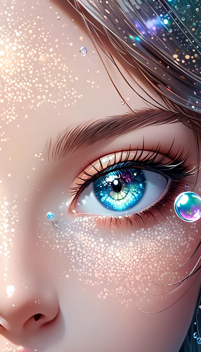  beautiful woman with seductive eyes ,  portrait,  Shading Effects ,  Gradient Magic Effects , Glitter Effect, soap bubble effect ,  misty filter effect, (  super detailed , absolutely resolution,  best quality:1.3), 2.5D, Delicate and dynamic ,  artistic pictures , hyper realistic,  graphic CG digital art , 