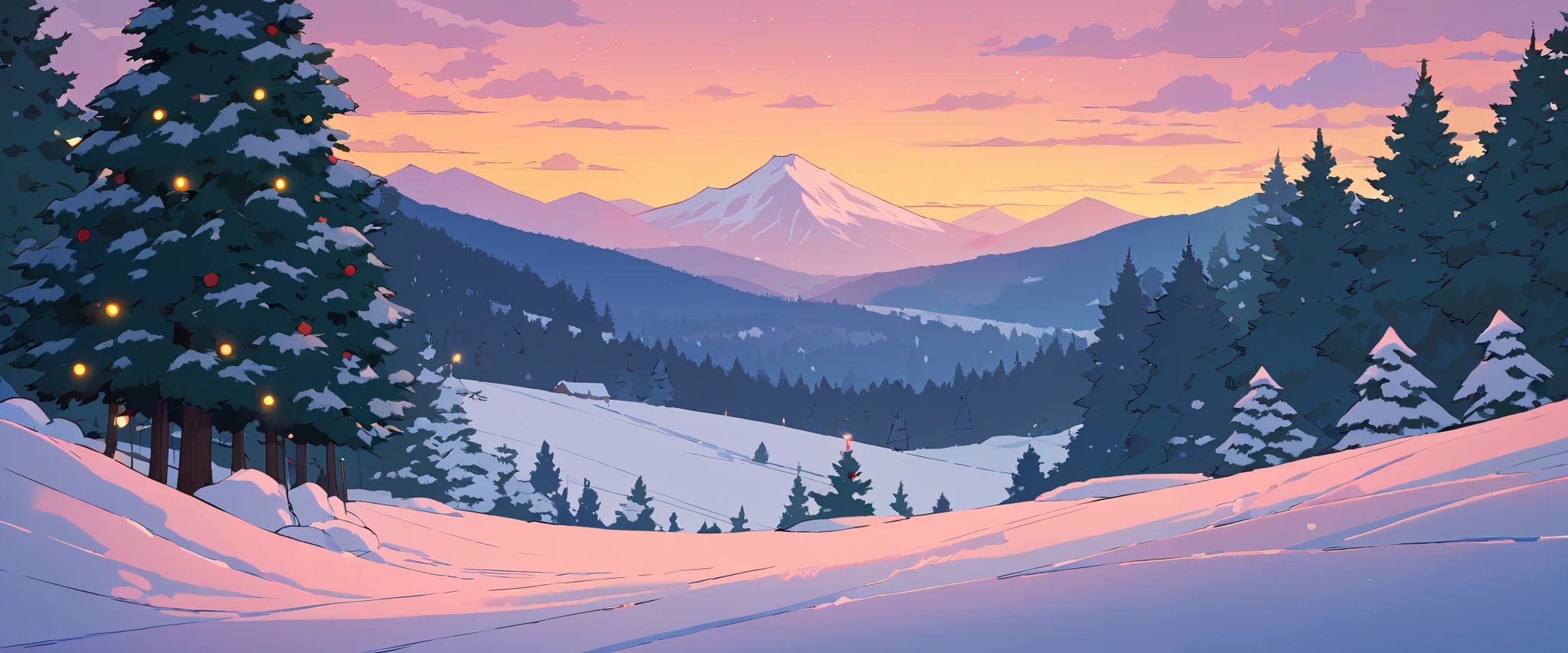 Christmas vibes ultrawide ,cozy ,lofi ,landscape ,forest ,mountain