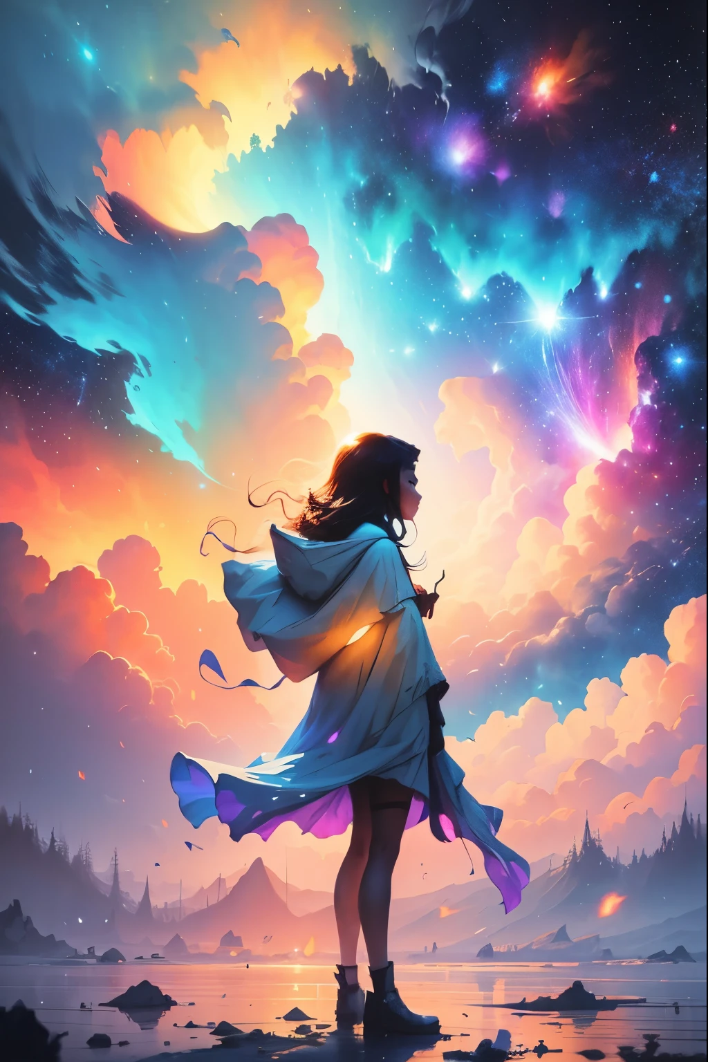 Girl standing in the clouds, stars floating around her, brilliant colors, amazing swirls of cosmic dust, colorful vibrant, light particles, water color painting, splash art,