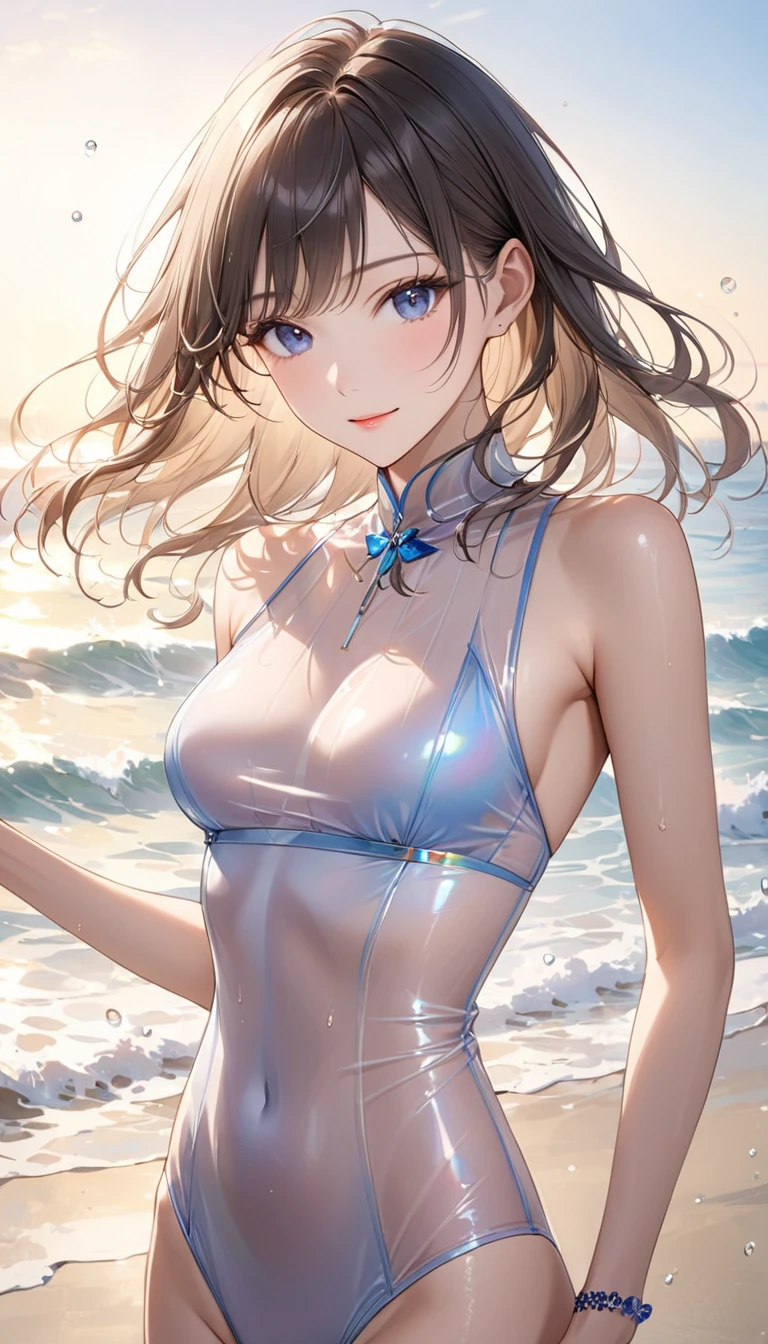 (masterpiece, best quality, highest quality, UHD), 1 girl, on the beach, sexy style, Sun Shine Beam, Blue Sky, cute swim wear, white swim wear, medium blest, long silver ponytail hair, 
dropsmile, wet, Splash, Water, dynamic angle lenz flair, dof, Look at, Character portrait, Sparkle Effect, 