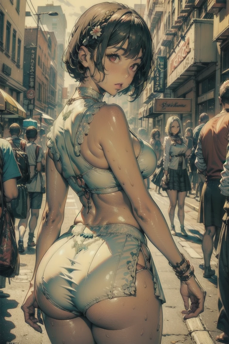 ((masterpiece)), ( best quality),,  Official Art,  extremely detailed CG unity 8K wallpaper ,  high definition, shiny skin,  depth of field, vivid color,,  1 girl, (Curvy:0.4), (whole body:0.6),,  Shorthair, bangs, red eyes,  skirt,  watching viewers ,   knight , street, neon, Looking Back, star (null), crowd,  upper body,