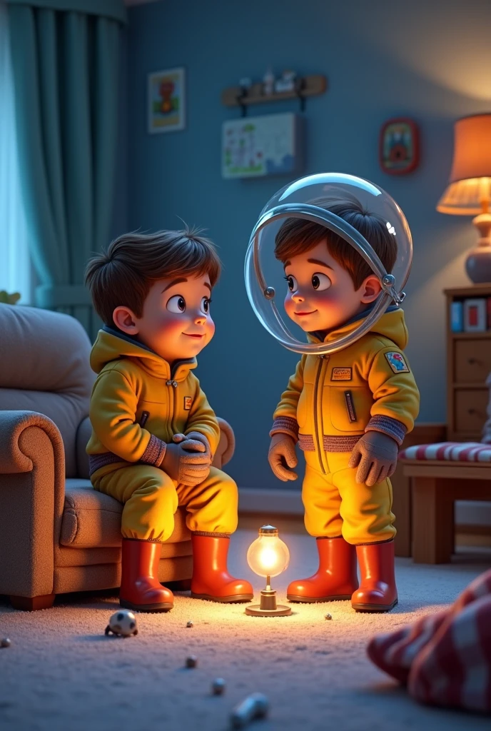 disney-pixar style, s room, two boys playing moon base, visible moon base made of chairs and furniture and blankets, toys serve as tools for building the base, boys dressed in long pajamas, rubber gloves, winter boots, plastic transparent bucket pretends to be a cosmonaut helmet, dark room lit by a lamp hidden in the base under blankets, midjourneyv6.1