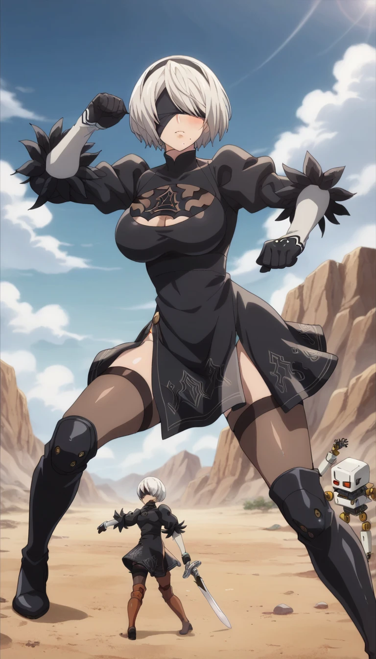 Prompt: (huge gigantic super mega hyper:1.1),(biggest round giant massive :1.1), (only one women) , front view,fighting robots,robot attack, fighting,desert,sword,robot in background,sexy poses, 2b fighting robots, source_anime,masterpiece,best quality,highres,absurdres,official art,official style,source_anime,anime screencap,anime coloring,megami magazine,anime,animated,explicit, shiny skin,large breasts,  white hair ,short hair, 2b ,black dress,nier automata,blush,2b fighting robot, side, on side,   2b, sexy