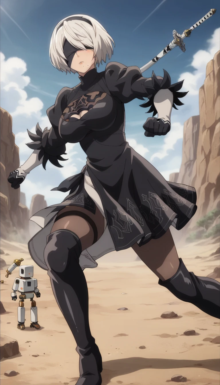 Prompt: (huge gigantic super mega hyper:1.1),(biggest round giant massive :1.1), (only one women) , front view,fighting robots,robot attack, fighting,desert,sword,robot in background,sexy poses, 2b fighting robots, source_anime,masterpiece,best quality,highres,absurdres,official art,official style,source_anime,anime screencap,anime coloring,megami magazine,anime,animated,explicit, shiny skin,large breasts,  white hair ,short hair, 2b ,black dress,nier automata,blush,2b fighting robot, side, on side,   2b, sexy