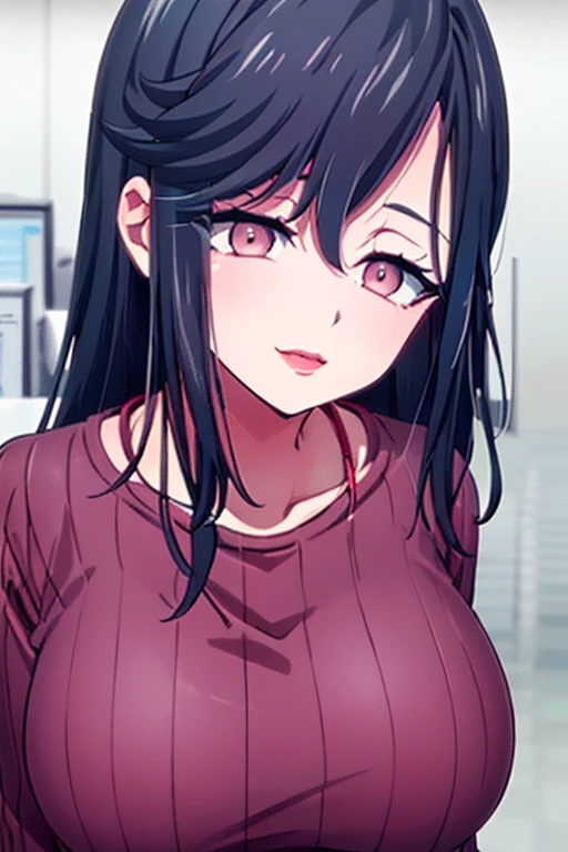 Saori ,long hair,Saori,black hair,(Pink Eyes),A delicate smile,hair between eyes,lipstick,lips,(Sparkling red ribbed sweater:1.1),Sparkling black skirt,( Big Breasts :1.55),(Sparkling,hair),((Alone)),((masterpiece)),((  best quality)),perfect anatomy,  Slim Waist  , Perfect photo,  8K HD Streaming ,(  beautiful detailed eyes:1.5),  detailed face in pale blue underwear putting hands on the viewer's forehead ,(  upper body:1.25),(  front desk at the small clinic :1.5),  super detailed,  absurd,ultra-highres,  my room , smirking face , open your mouth, salivates
