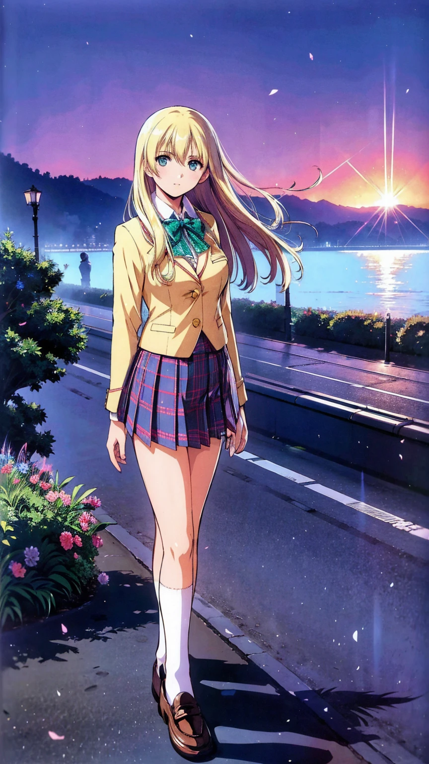 (masterpiece,  best quality,   super detailed ,  absurd)1.5,  1 girl, ( sexy,  Beautiful Women,  perfect face, Perfect Eyes,  perfect female body,  Big Breasts )1.5, (Saionji Enju ,  blazer,  colored shirt ,  bow tie,  checked skirt ,  thigh-length socks ,  Loafers, ), (whole body,  standing, Outdoor,  Japanese high school in the background), perfect lighting, smooth,  high definition 