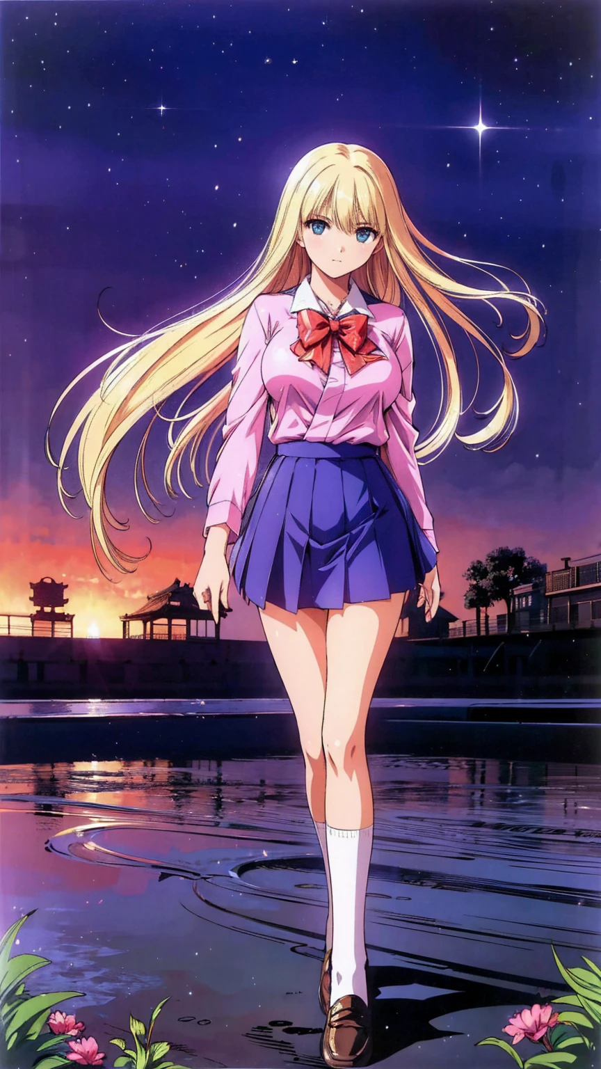 (masterpiece,  best quality,   super detailed ,  absurd)1.5,  1 girl, ( sexy,  Beautiful Women,  perfect face, Perfect Eyes,  perfect female body,  Big Breasts )1.5, (Saionji Enju ,  blazer,  colored shirt ,  bow tie,  checked skirt ,  thigh-length socks ,  Loafers, ), (whole body,  standing, Outdoor,  Japanese high school in the background), perfect lighting, smooth,  high definition 