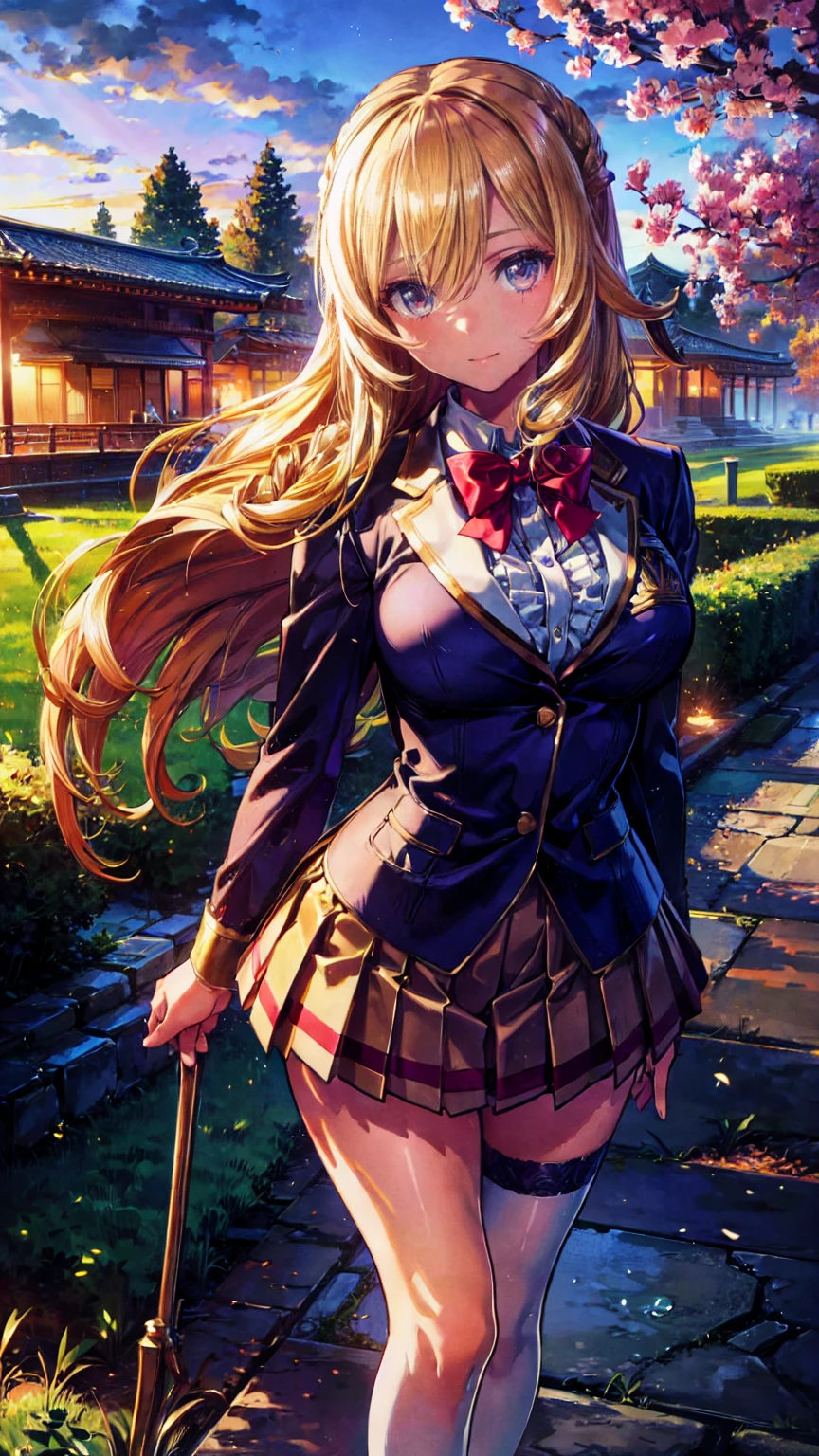 (masterpiece,  best quality,   super detailed ,  absurd)1.5,  1 girl, ( sexy,  Beautiful Women,  perfect face, Perfect Eyes,  perfect female body,  Big Breasts )1.5, (Saionji Enju ,  blazer,  colored shirt ,  bow tie,  checked skirt ,  thigh-length socks ,  Loafers, ), (whole body,  standing, Outdoor,  Japanese high school in the background), perfect lighting, smooth,  high definition 