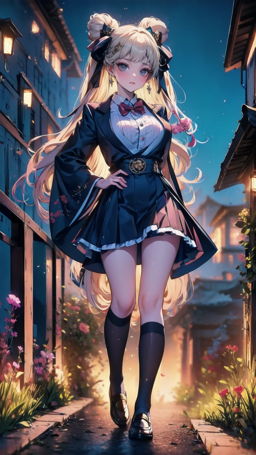 (masterpiece,  best quality,   super detailed ,  absurd)1.5,  1 girl, ( sexy,  Beautiful Women,  perfect face, Perfect Eyes,  perfect female body,  Big Breasts )1.5, (Saionji Enju ,  blazer,  colored shirt ,  bow tie,  check skirt,  thigh-length socks ,  Loafers, ), (whole body,  standing, Outdoor,  Japanese high school in the background), perfect lighting, smooth,  high definition 