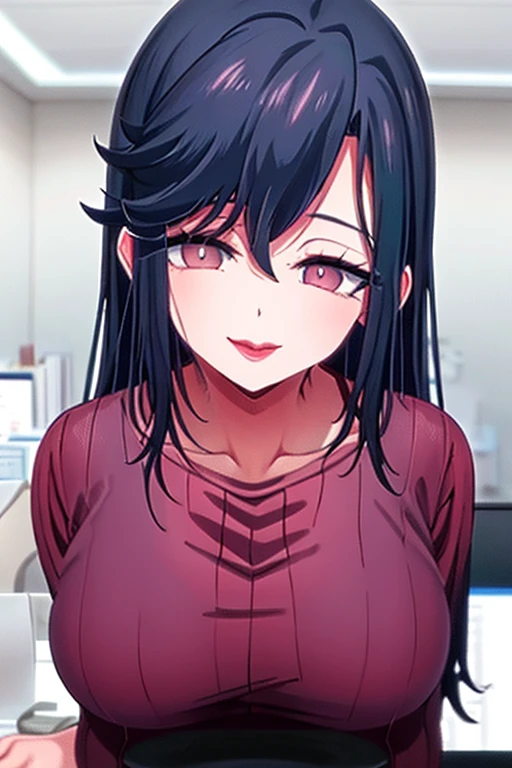 Saori ,long hair,Saori,black hair,(Pink Eyes),A delicate smile,hair between eyes,lipstick,lips,(Sparkling red ribbed sweater:1.1),Sparkling black skirt,( Big Breasts :1.55),(Sparkling,hair),((Alone)),((masterpiece)),((  best quality)),perfect anatomy,  Slim Waist  , Perfect photo,  8K HD Streaming ,(  beautiful detailed eyes:1.5),  detailed face in pale blue underwear putting hands on the viewer's forehead ,(  upper body:1.25),(  front desk at the small clinic :1.5),  super detailed,  absurd,ultra-highres,  my room , smirking face , open your mouth, salivates
