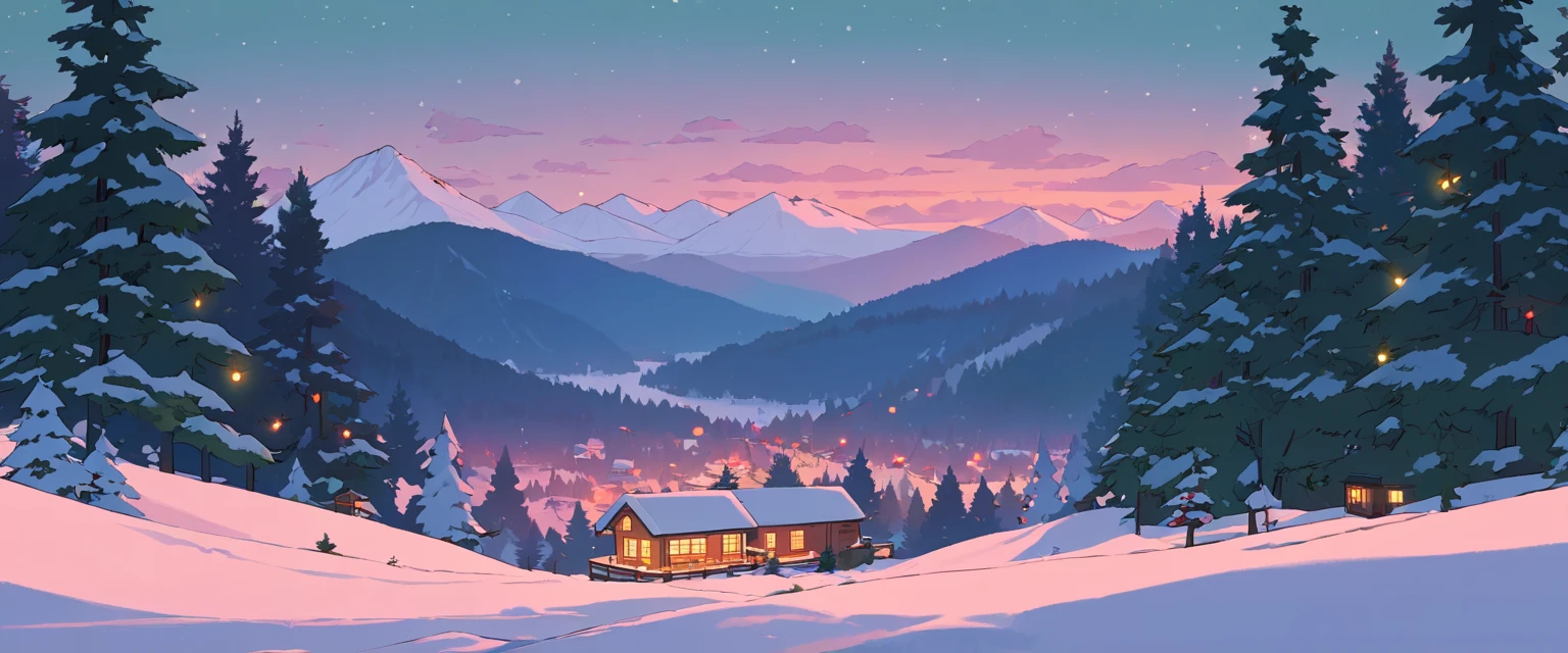 Christmas vibes ultrawide ,cozy ,lofi ,landscape ,forest ,mountain