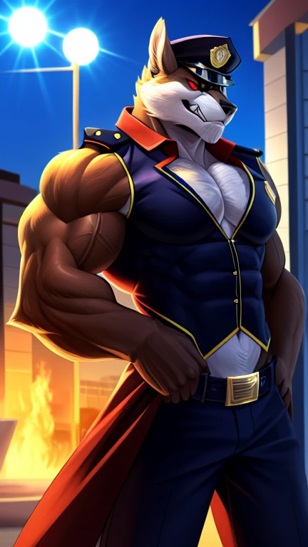  Define a large, muscular predator ,  with physical features inspired by a bodybuilder . Ele deve ter:
 Looking in front of the camera , he wears police clothing .
 - Muscular and defined body ,  with bulging muscles
- Bright red eyes ,  with an aggressive and fierce expression
- Glossy dark coat ,  with a smooth texture
- Upright and confident posture ,  with shoulders back and chest forward

He must have an expression that conveys danger and aggressiveness,  as if ready to attack . He wears police clothes.