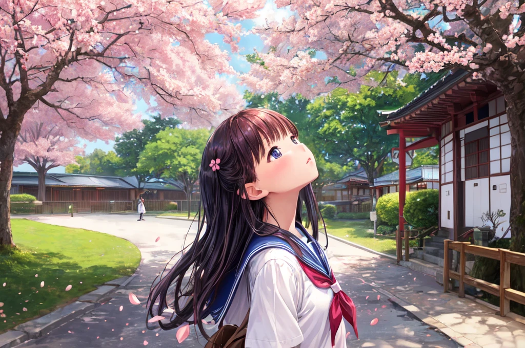  best quality, masterpiece,  high definition ,   Details,  digital illustration, YukihiraItsuka,  elementary school girl,   school uniform, Looking up at a tree, Long Hair, Cherry blossom petals, Japanese Street,, ren&#39;s shorts are visible、  I can see my underwear  ,    I can see my underwear  , Feeling Face,、  I can see a translucent chemise 、 flip through the skirt