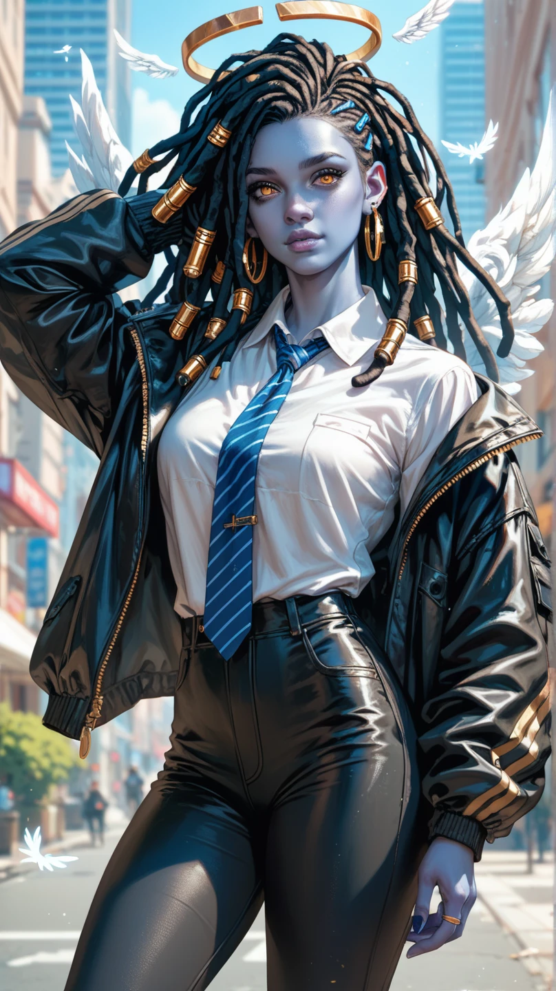 score_9, score_8_up, score_7_up, score_6_up, 1woman, ((blue skin)), black hair, dreadlocks, golden eyes, black suit, black jacket, white shirt, blue tie, black pants, angel wings, city