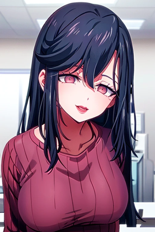 Saori ,long hair,Saori,black hair,(Pink Eyes),A delicate smile,hair between eyes,lipstick,lips,(Sparkling red ribbed sweater:1.1),Sparkling black skirt,( Big Breasts :1.55),(Sparkling,hair),((Alone)),((masterpiece)),((  best quality)),perfect anatomy,  Slim Waist  , Perfect photo,  8K HD Streaming ,(  beautiful detailed eyes:1.5),  detailed face in pale blue underwear putting hands on the viewer's forehead ,(  upper body:1.25),(  front desk at the small clinic :1.5),  super detailed,  absurd,ultra-highres,  my room , smirking face , open your mouth,