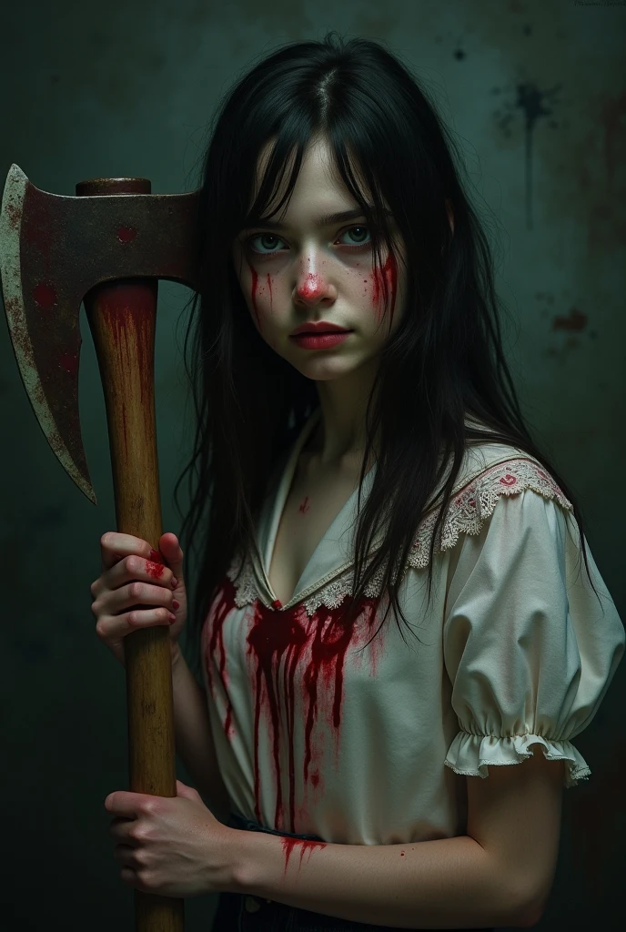 Undead zombie on her knees, forced oral sex, (oral rape:1.3), Sexual violence, hand on her head, holds her by the hair, (traces of beatings on her body:1.2), torn clothes, Sexual slavery, hellish torment, demon pissing on her face