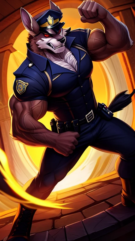  Define a large, muscular predator ,  with physical features inspired by a bodybuilder . Ele deve ter:
 Looking in front of the camera , he wears police clothing .
 - Muscular and defined body ,  with bulging muscles
- Bright red eyes ,  with an aggressive and fierce expression,  prominent teeth and large fangs . 
- Dark, lustrous coat ,  with a smooth texture
- Upright and confident posture ,  with shoulders back and chest forward

He must have an expression that conveys danger and aggressiveness,  as if ready to attack . He wears police clothes.