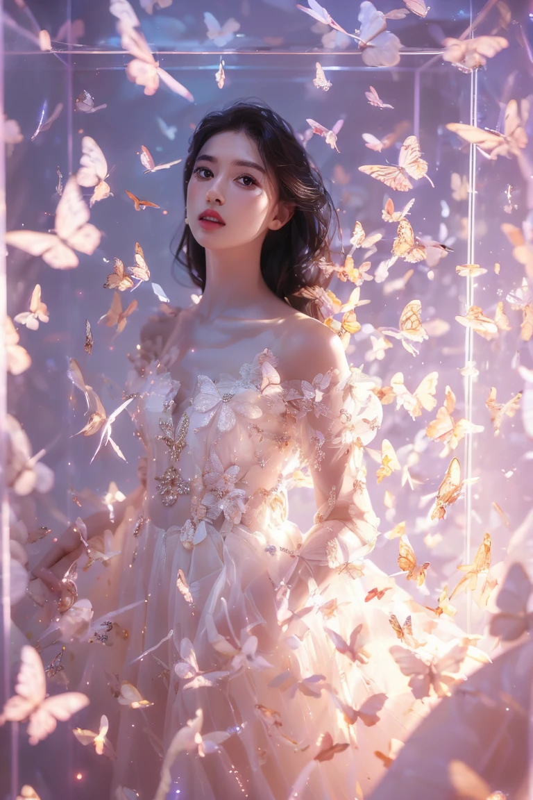 kinghere fensejiaren,1girl,butterfly,solo,dress,long hair,white butterfly,look at viewer,realistic,parted lips,white dress,lips,bare shoulders,(masterpiece:1,2),best quality,masterpiece,highres,original,extremely detailed wallpaper,perfect lighting,(extremely detailed CG:1.2,