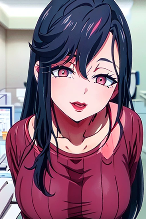 Saori ,long hair,Saori,black hair,(Pink Eyes),A delicate smile,hair between eyes,lipstick,lips,(Sparkling red ribbed sweater:1.1),Sparkling black skirt,( Big Breasts :1.55),(Sparkling,hair),((Alone)),((masterpiece)),((  best quality)),perfect anatomy,  Slim Waist  , Perfect photo,  8K HD Streaming ,(  beautiful detailed eyes:1.5),  detailed face in pale blue underwear putting hands on the viewer's forehead ,(  upper body:1.25),(  front desk at the small clinic :1.5),  super detailed,  absurd,ultra-highres,  my room , smirking face , open your mouth,