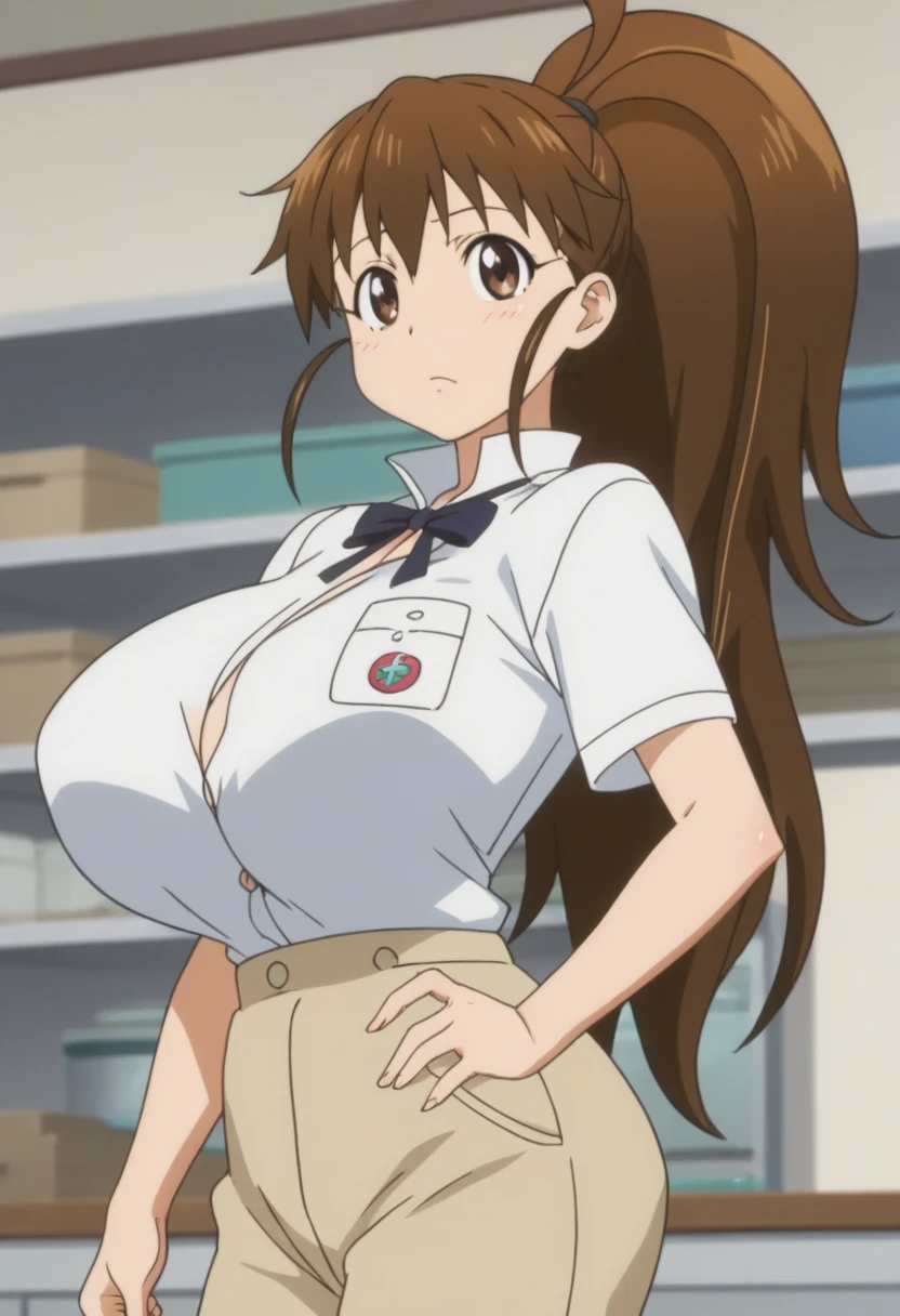 score_9, score_8_up, score_7_up, rating_explicit, anime screencap, cowboy shot, 1girl, solo, working!!, taneshima popura, brown eyes, brown hair, long hair, ponytail, tented shirt, huge breasts, looking at viewer