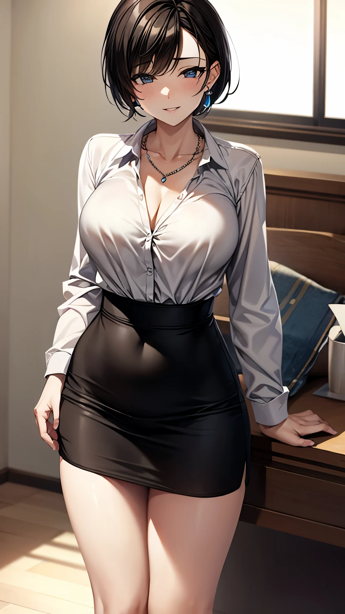 ( super quality, ultra high resolution,16k,super masterpiece,Ultra HD ,Detailed shading and background,)One sexy mature mom ,pretty short black hair,(A long-sleeved white shirt unbuttoned and standing upright, black pencil skirt ,) Necklaces , earrings for a woman alone, troubled expression,smile,blush,Open thick lips slightly, Living room with morning sun, on a metal cylinder,