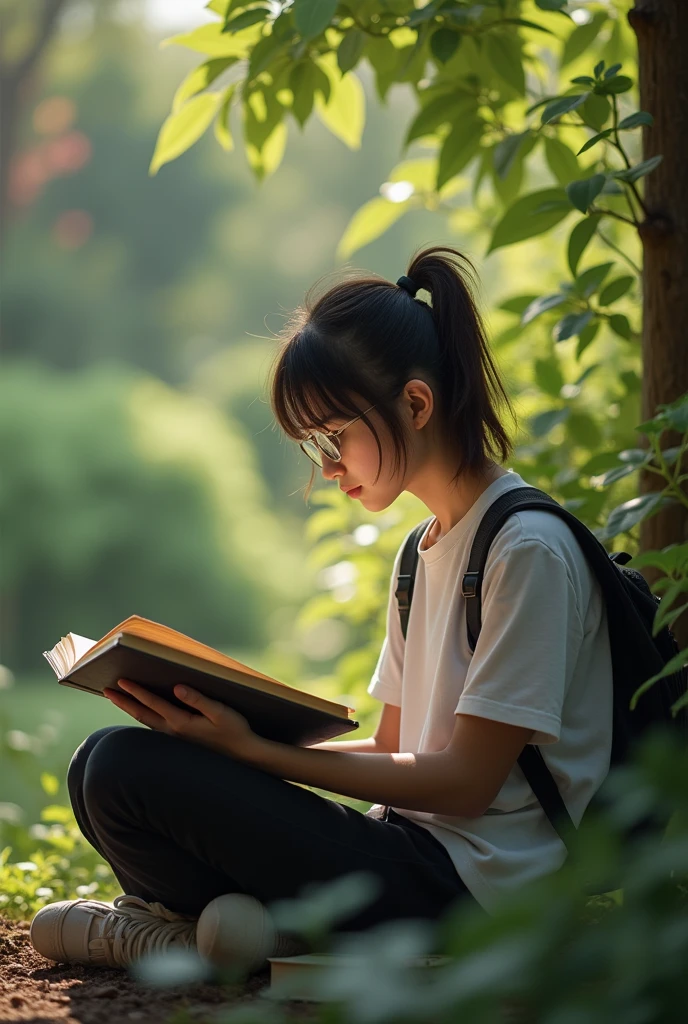 Under mild sunlight，A young girl reads intently，While walking。
