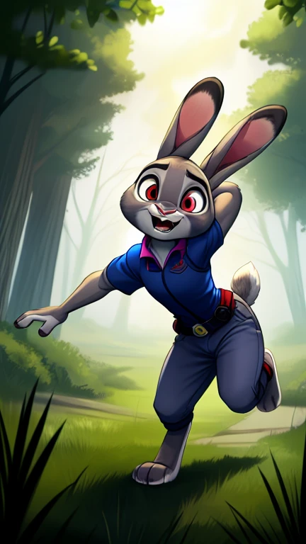  Create an illustration of Judy Hopps , a scared and fearful rabbit ,  being chased by a large, muscular predator , with bright red eyes.  The predator must have an upright and aggressive posture prominent teeth large prey,  as Judy Hopps runs in a panic ,  with eyes full of fear .  The atmosphere must be tense and frightening ."