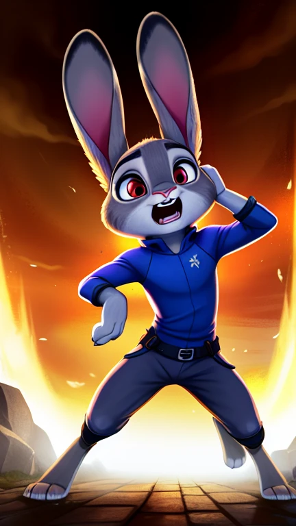  Create an illustration of Judy Hopps , a scared and fearful rabbit ,  being chased by a large, muscular predator , with bright red eyes.  The predator must have an upright and aggressive posture prominent teeth large prey,  as Judy Hopps runs in a panic ,  with eyes full of fear .  The atmosphere must be tense and frightening ."