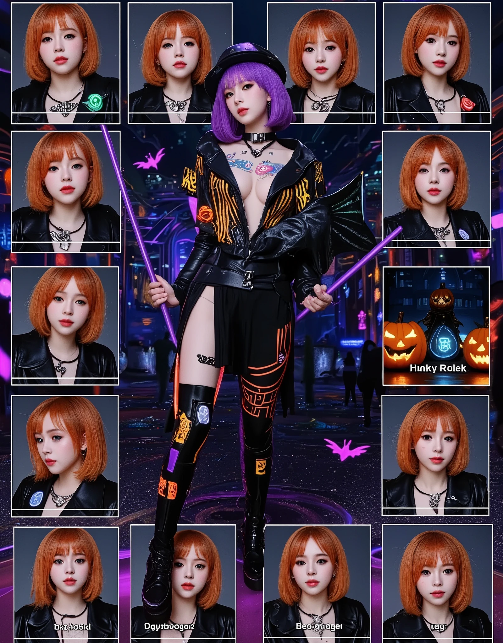  A realistic character chart with a 9x9 grid layout , presenting a consistent character ,  Cyberpunk Witch Deadly Girl .  Each square should show a different aspect of her design . Includes her striking features , with fluorescent orange or purple hair , and enhance the sharp look of the Scary Cyborg implant .  showing various variations of her costume ,  Highlight the bat wing pattern on the black leather jacket ,  with glowing magic wands Tech accessories ,  Stylish shoes with a skull clasp .  Add the bat and the scary tattoo and the glowing circuit like a witch symbol on her skin.  The background should be dark ,  A futuristic cityscape for Halloween night , full of neon lights shaped like pumpkins and ghosts ,  emphasizes the character's bold and mysterious temperament 