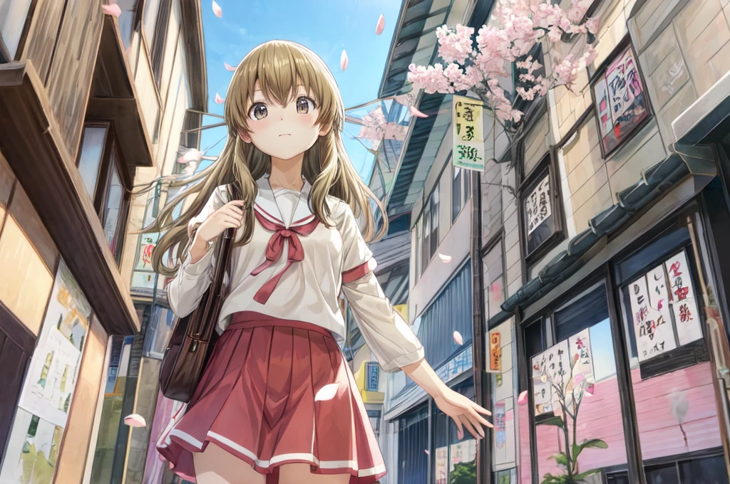  best quality, masterpiece,  high definition ,   Details,  digital illustration, YukihiraItsuka,  elementary school girl,   school uniform, Looking up at a tree, Long Hair, Cherry blossom petals, Japanese Street,, 子供綿  I can see my underwear  ,    I can see my underwear  , Feeling Face,、  I can see a translucent chemise 、 flip through the skirt, Low Angle