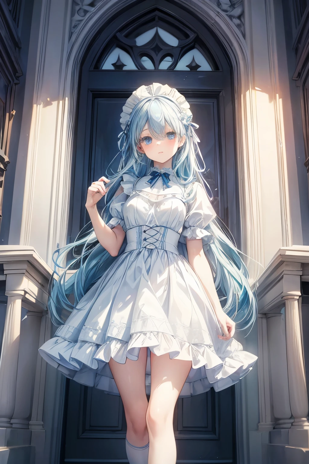 masterpiece, best quality, Very detailed, pretty girl, teenager, smaller breasts, thin waist,Light blue maid outfit,Light blue hair, Straight Long Hair , perfect eyes, very cute,Gothic Maid,White headdress,slender,Entrance to the building