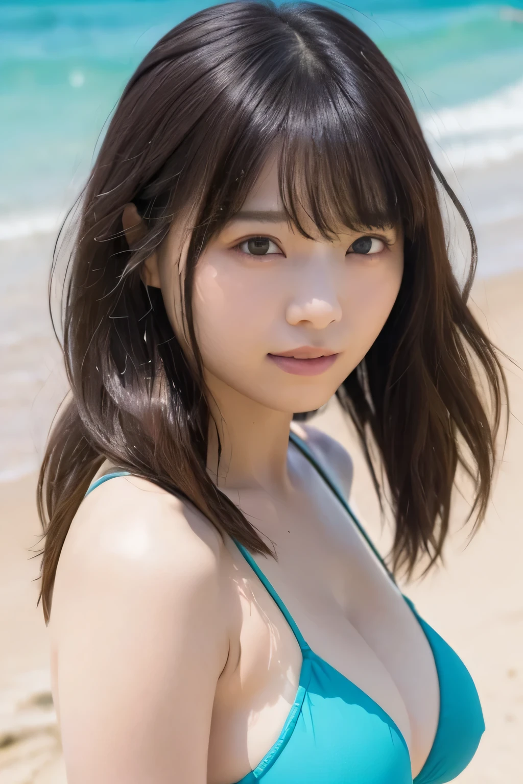 masterpiece、 for a woman with bristles,  ultra high resolution、8k，photograph、 1 girl,  cowboy shot、( big breasts:1.2),  bright ,  Blurry Background , ( asymmetrical bang、 EXTRA LONG WAVY HAIR :1.5),   (Floating Hair:1.0)、（micro bikini, ((Light orange))）、Round face、Young Face、 natural makeup、 Gentle Smile 、Summer Sea、Summer sky、 beach 、Outdoor、 Computer 
