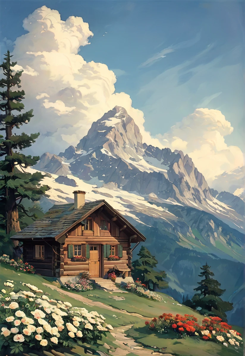 cabin, alps, pine trees, flowers, clouds,