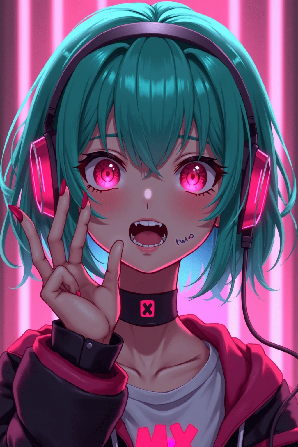 anime cyberpunk angry girl, pink headphones, turquoise short hair, pink eyes, MX text, five fingers