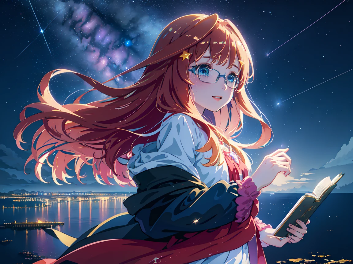 sky, star (sky), scenery, light blue sky, 1girl, solo, magical photography, ultra-detailed, 4k, Depth of field, High-resolution, , night, starry night sky, starts made of iridescent tears, best quality)), ((masterpiece)), (detailed), perfect face, 1girl, nakano itsuki, wide eyes, dreamy, whimsical, triad color pallette, pink water droplets, smiling, flat colouring, fluffy red hair, star hairclips, best quality, ultra high res, (photorealistic:1.4), blush, red lips, filme fotografia de stock ,4 Kodak Portra 400 ,camera f1.6 lentes,textura realista, dramatic lighting , cinestill 800, long wavy hair beautiful, masterpiece, best quality, anime disney style, stars, falling down, flying, floating among shooting stars and books, books, studying, eyeglasses, dynamic pose