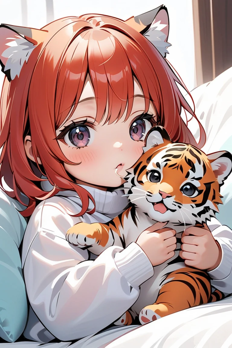  best quality, masterpiece,  Kyrie light mash, Alone,  one girl,  dark eyes,  white turtleneck shirt on a fluffy bed , (Chibi: 0.6),  Bright Red Hair , cute,  holding a cute tiger baby, slurping at a baby tiger 、ふわふわのベッドで、