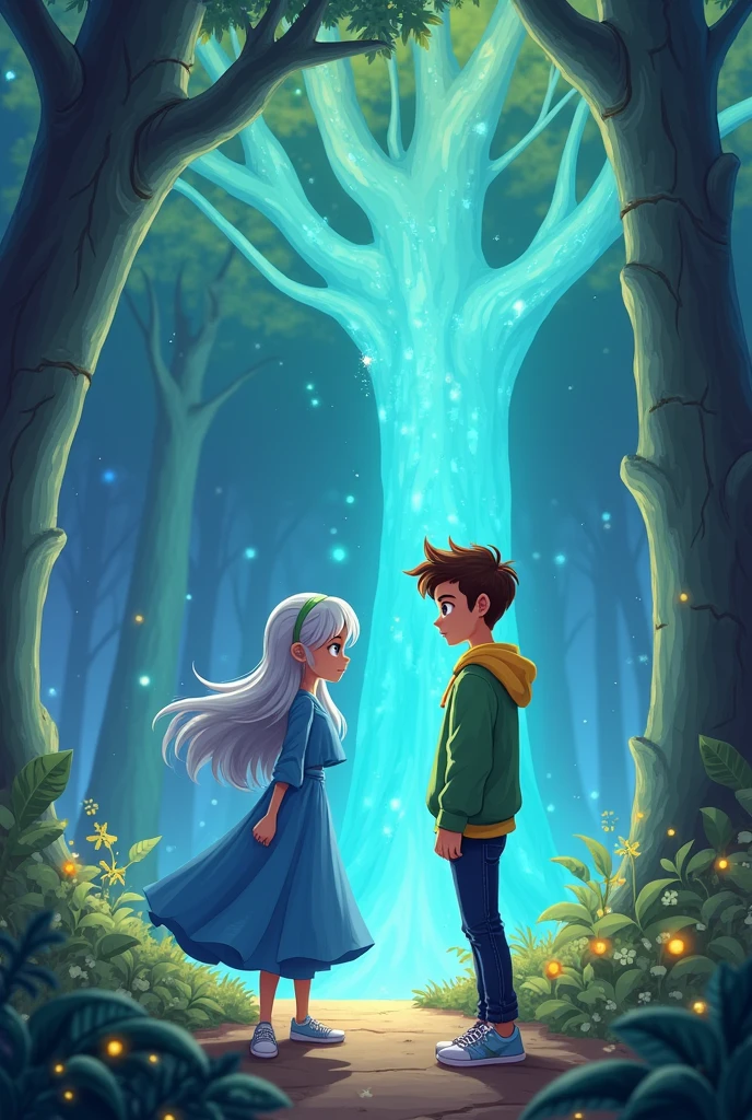 A age Alicia with brown hair and a prince who is a teen with gray hair and black streaks, who is in Wonderland