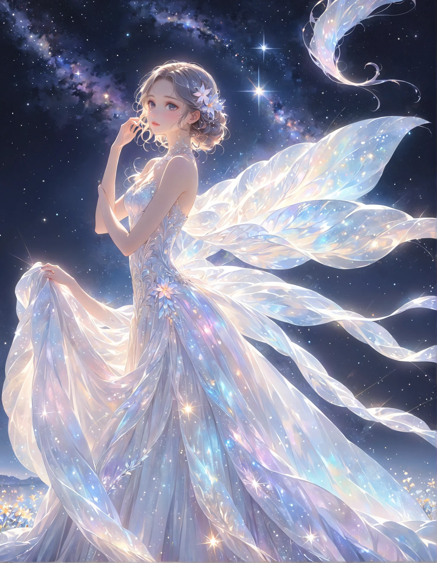 (best quality,4k,8k,highres,masterpiece:1.2),A girl standing alone under the starry night sky, with her silhouette illuminated by the soft moonlight and twinkling stars. Her face is beautifully detailed, with sparkling eyes, long and fluttering eyelashes, and exquisitely defined lips. She is dressed in an elegant gown, flowing and ethereal, embracing her figure gracefully as it glimmers with a subtle celestial glow. The intricate details of her dress catch the faint starlight, creating a mesmerizing sparkle. The surrounding landscape showcases a serene garden, lush with vibrant foliage and colorful flowers. The air is filled with a gentle breeze, causing the leaves to rustle and the flowers to sway delicately. The garden is bathed in a warm, dreamy color palette, with hues of deep blues, purples, and hints of silver. The atmosphere is calm and tranquil, evoking a sense of peace and serenity. The artwork is of the highest quality, meticulously created with ultra-detailed brushstrokes and precise attention to every element. The texture and depth of the painting are breathtaking, with a sense of realism and photorealism that captures the awe-inspiring beauty of the night sky. The lighting is soft and diffused, casting a gentle glow over the entire scene, enhancing the magical ambiance. The girl's presence radiates a sense of mystery and wonder, as if she holds a secret connected to the celestial beings above. The overall composition evokes a feeling of timelessness and captures the essence of a StarSign, an artwork that embodies the celestial beauty and inner strength of a girl in harmony with the stars. (ai-generated:.25),(dsmile:.25)