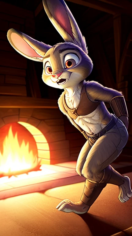 Crie uma ilustração onde Judy Hopps foge de um predator (predator: 1,3),, a scared and fearful rabbit , sendo perseguida por um predator grande e musculoso (predator grande e musculoso:1,3), with bright red eyes. O predator deve ter uma postura ereta e agressiva dentes proeminentes presas grandes,  as Judy Hopps runs in a panic ,  with eyes full of fear .  The atmosphere must be tense and frightening ."