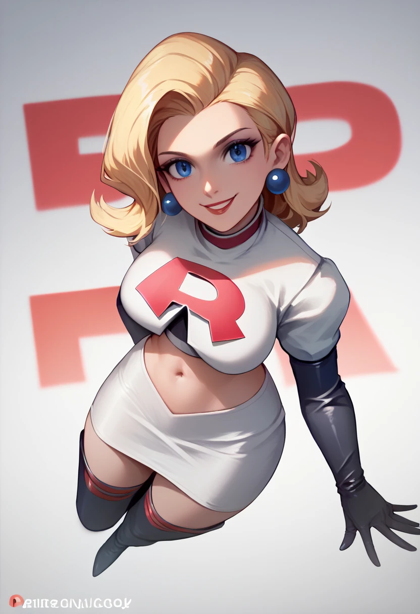 The face of Lady Gaga, 1girl, solo, Team rocket, team rocket uniform, red letter R, white skirt,white crop top,black thigh-high boots, black elbow gloves, earrings, large breasts, sexy pose, smile