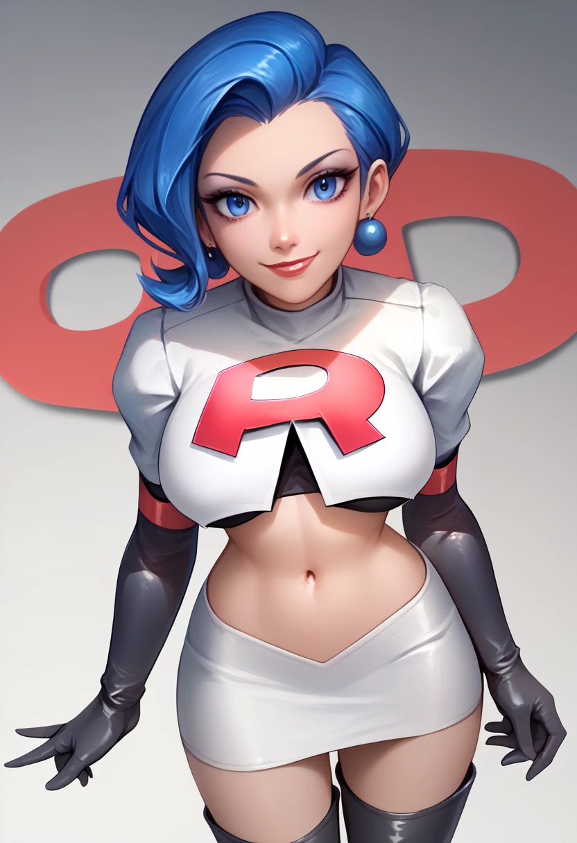 The face of Lady Gaga, 1girl, solo, Team rocket, team rocket uniform, red letter R, white skirt,white crop top,black thigh-high boots, black elbow gloves, earrings, large breasts, sexy pose, smile