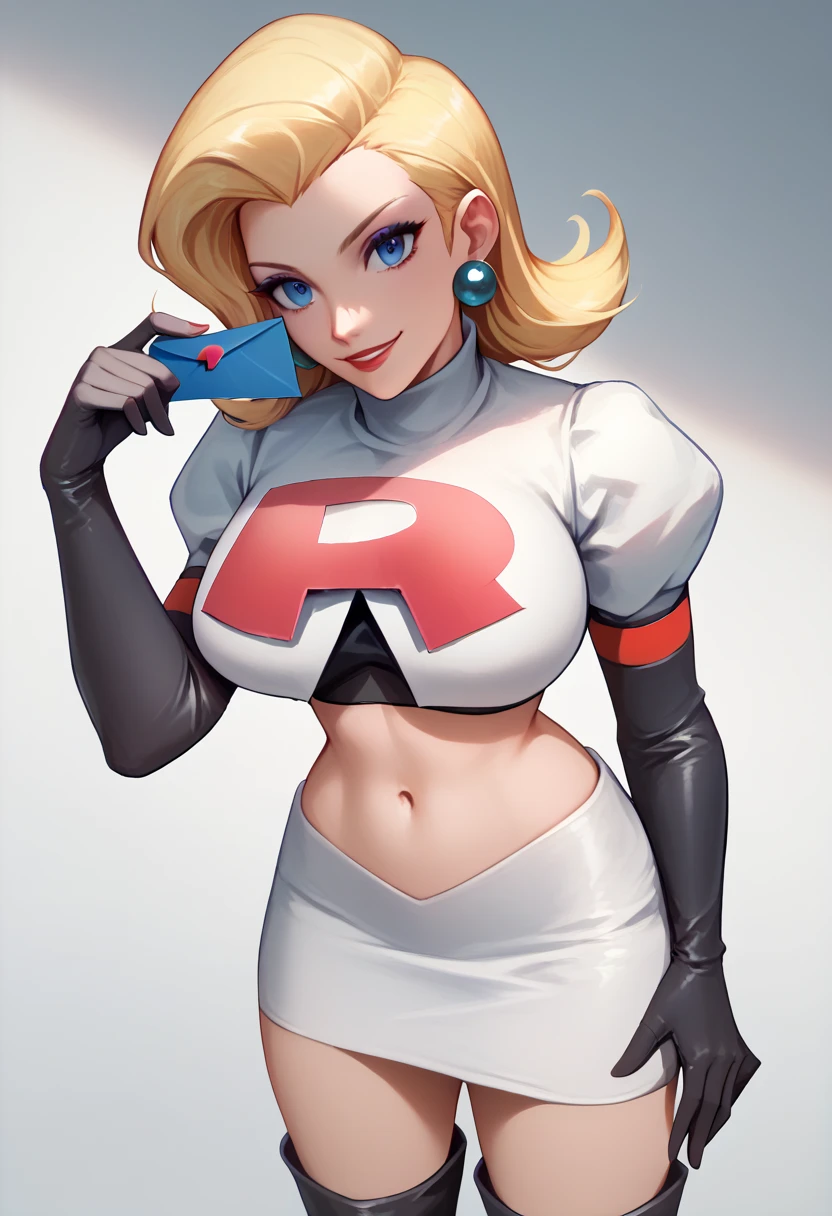 The face of Lady Gaga, 1girl, solo, Team rocket, team rocket uniform, red letter R, white skirt,white crop top,black thigh-high boots, black elbow gloves, earrings, large breasts, sexy pose, smile