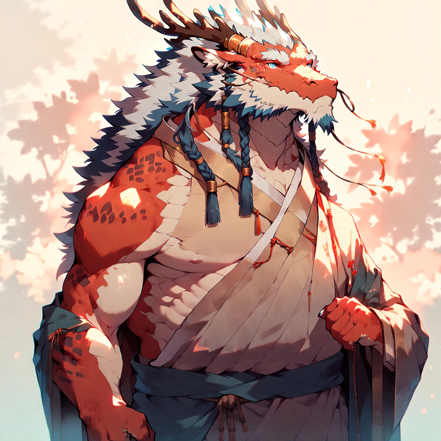 # Main Character: (Eastern Dragon Furry:1.8), muscular mature male, masterpiece, (full body portrait:1.4)

Dragon Features: (red scales:1.6), white belly scales, blue eyes, antlers, gray mane,(shirtless:1.4)

Background: (solid color background:1.5), simple environment, (soft lighting:1.2), (warm color tones:1.3)
