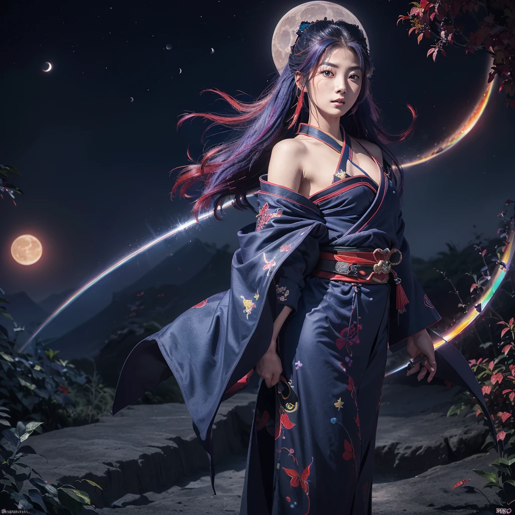 1girl、((( best composition、 best quality、 masterpiece、 Official Art)))、((((真っ赤な満moon、Ninja)))),　(((fantasy rainbow hair、　Dark blue kimono、Red belt　  goddess of victory  )))、　((Red butterfly　  knight 　 Japanese style、old　shoulder))　(moon、star)、　Shining Edges　 Shining Background 、Hold seven colored lightsabers in both hands、