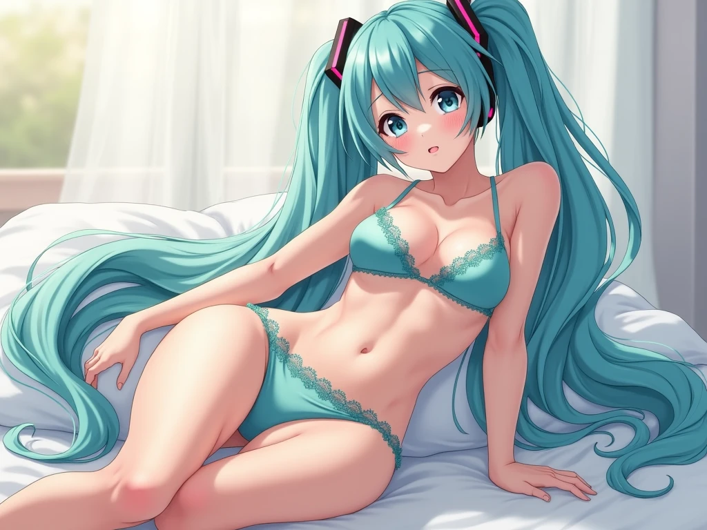 アニメ in a bra and panty posing for a picture、Man with long green hair、Blue Eyed Man、Braid、Half Up Hair、clothing:White bra、アニメ男性 with teal hair、bra with an white、panty with an white、アニメ Moe Art Style、lingerie with an white、solo、seductive アニメ男性、美しい魅力的なアニメティーン、pretty アニメ男性、Hymn to the King as a Prince、(アニメ)、Cel-shaded anime、whole body、Are standing、アニメ男性 with long hair、Male focus、