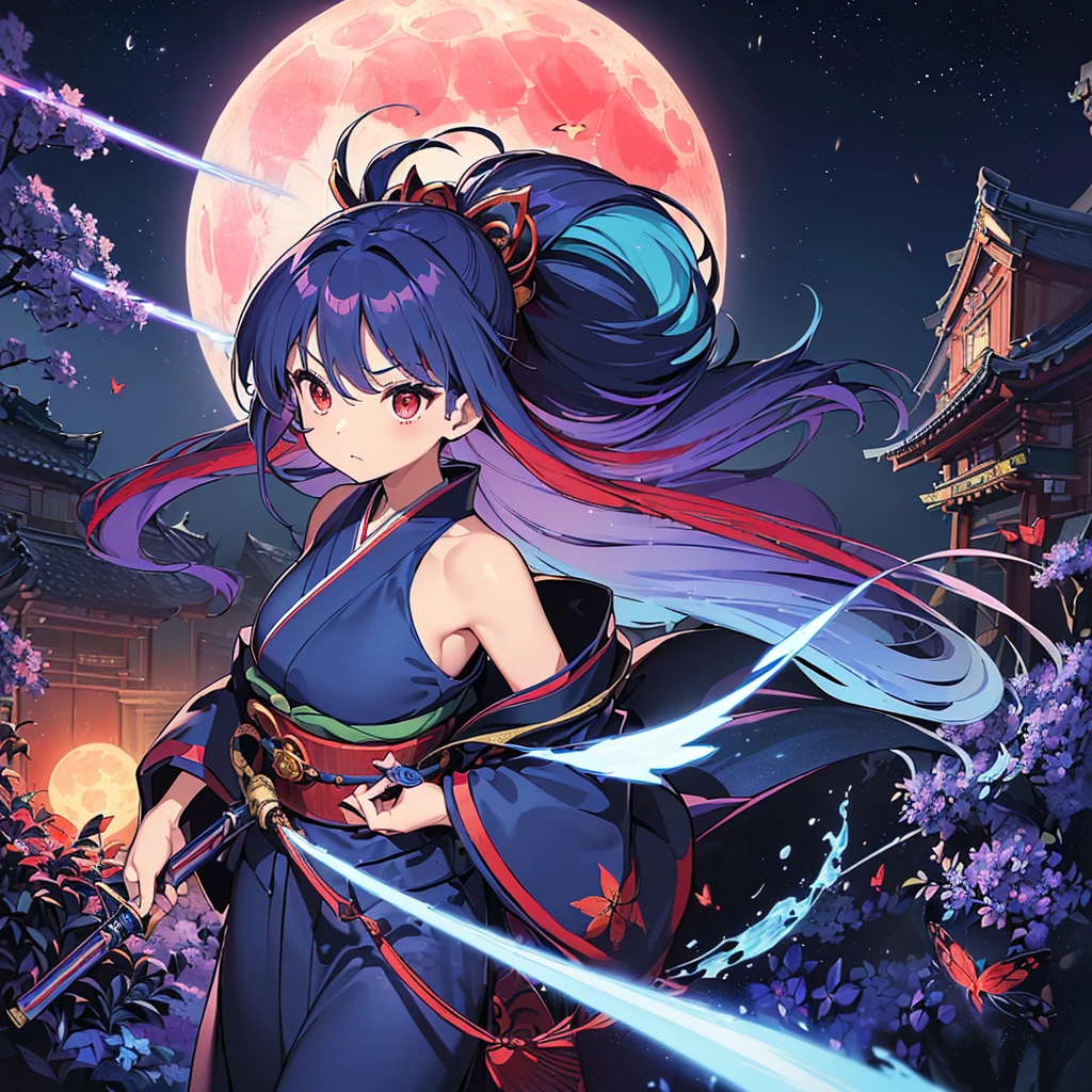 1girl、((( best composition、 best quality、 masterpiece、 Official Art)))、((((真っ赤な満moon、Ninja)))),　(((fantasy rainbow hair、　Dark blue kimono、Red belt　  goddess of victory  )))、　((Red butterfly　  knight 　 Japanese style、old　shoulder))　(moon、star)、　Shining Edges　 Shining Background 、Hold seven colored lightsabers in both hands、