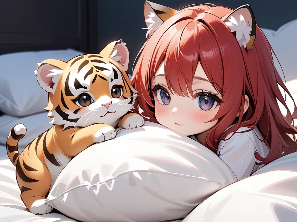  best quality, masterpiece,  Kyrie light mash, Alone,  one girl,  dark eyes,  white turtleneck shirt on a fluffy bed , (Chibi: 0.6),  Bright Red Hair , cute,  holding a cute tiger baby、In a fluffy bed、