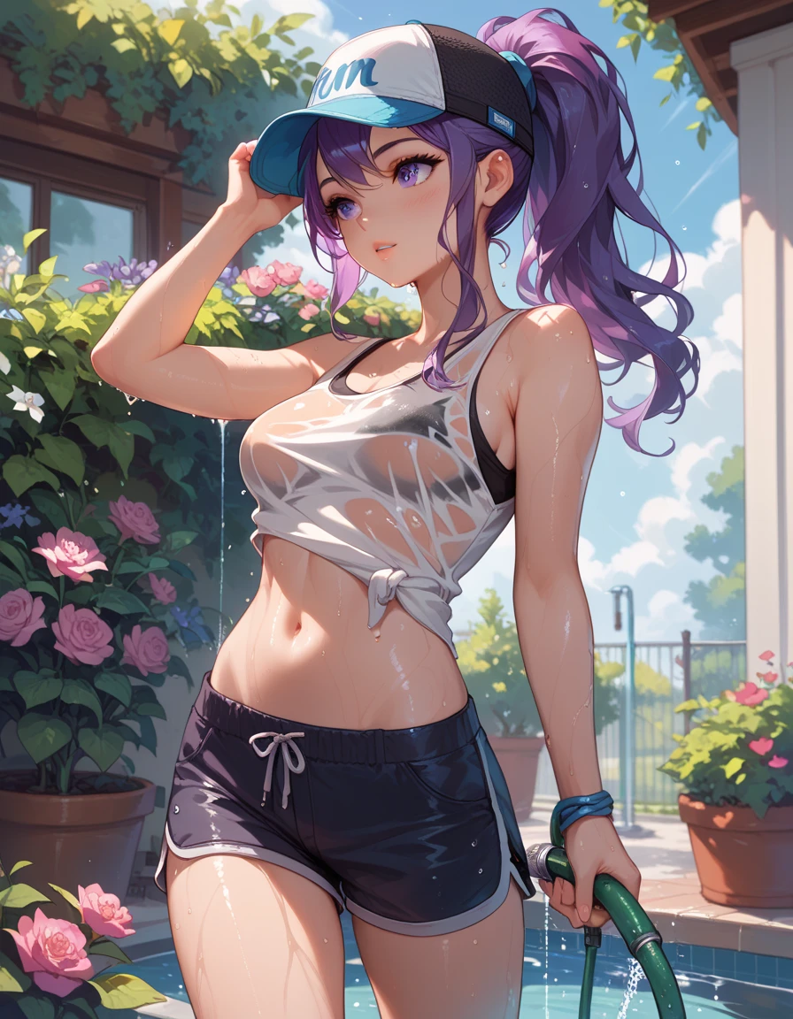 sexy girl with long purple hair, cap, ponytail, shorts, tank top, medium breasts, waters a garden with a hose, wet t-shirt, hose in hands
